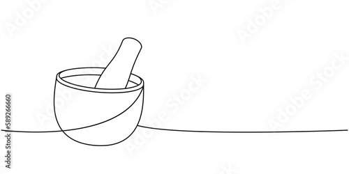 Mortar with pestle one line continuous drawing. Kitchen tools continuous one line illustration. Vector minimalist linear illustration.