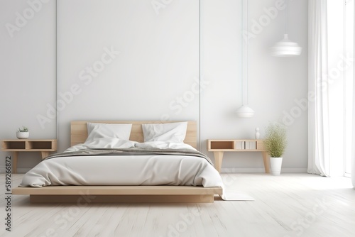 Interior of stylish room with big bed and mirror   Light  cute and cozy home bedroom interior with unmade bed   Loft and modern bedroom   3D render image   Generative AI