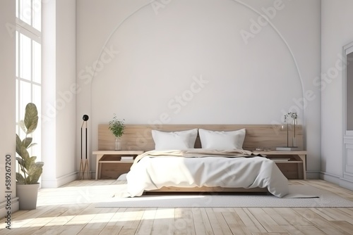 Interior of stylish room with big bed and mirror   Light, cute and cozy home bedroom interior with unmade bed   Loft and modern bedroom / 3D render image , Generative AI © Azar