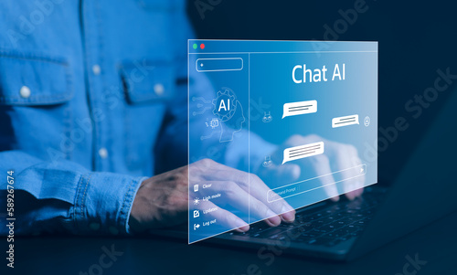 ChatGPT, Chat with AI or Artificial Intelligence technology. Man using a laptop computer chatting with an intelligent artificial intelligence asks for the answers he wants. Smart assistant futuristic, photo