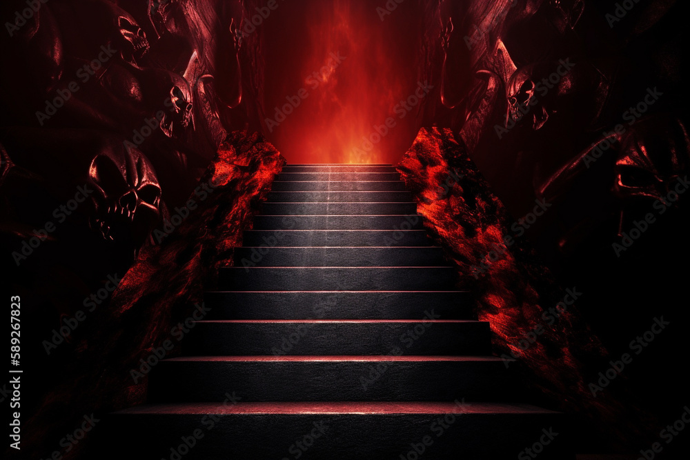 Stairs to hell visualization. Dark rock stairs going down to hell visualization. Red and orange tint representing flames and heat Generative AI