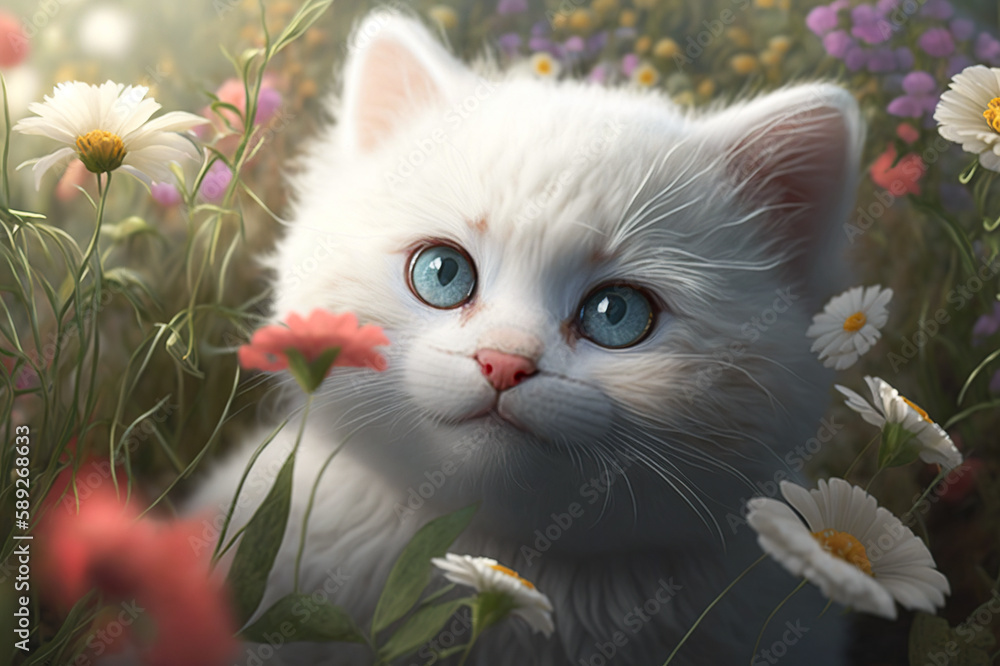 Adorable white kitten with flower in garden.