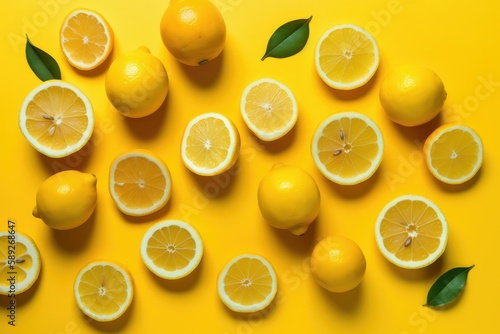 Fresh and Bright: Flatlay of Lemons on a yellow Background - healthy food, minimalistic food design