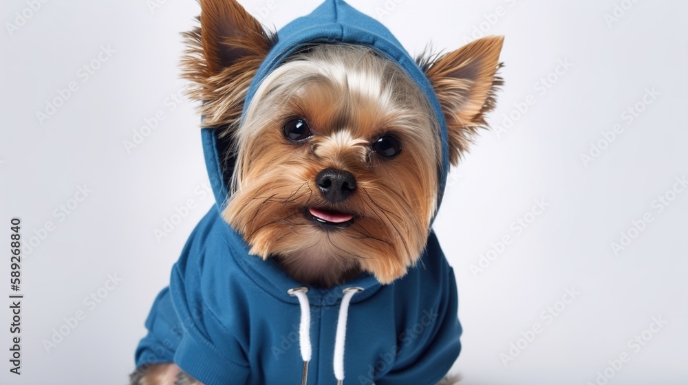 Cute Yorkshire terrier dog in a blue hoodie is looking at the camera. Generative Ai.