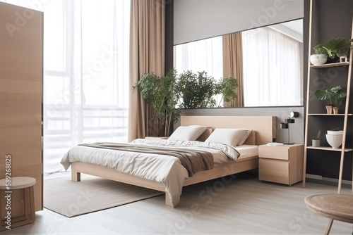 Modern Scandinavian interior of Bedroom ,wood bed and bedside table | Bedroom in a minimalist style | contemporary bedroom | Stylish bedroom interior | Bedroom interior. 3d render, Generative AI