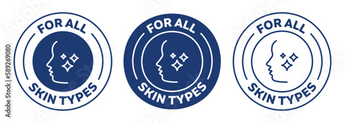 for all skin types icon set. suitable for skincare products. blue color badge, seal, sticker, logo, and symbol variants. Isolated vector illustration