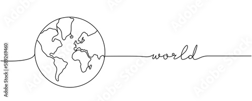 World - word with planet silhouette one line. Minimalist drawing of phrase illustration. Earth silhouette continuous one line illustration.