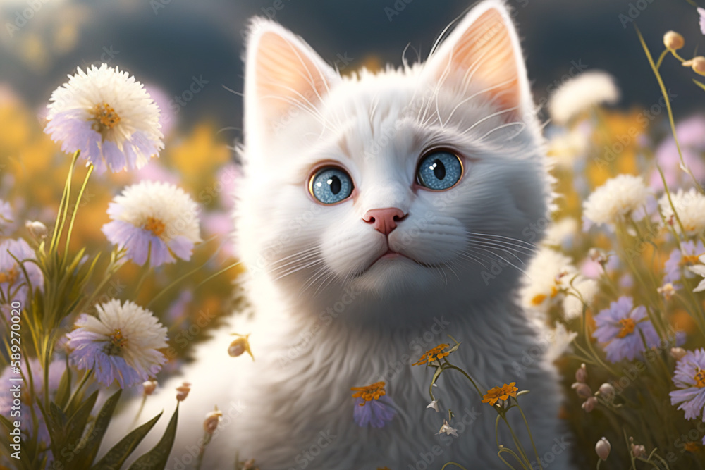 Cute white kitty with blue eyes surrounded by flowers in the grass. Generative AI.