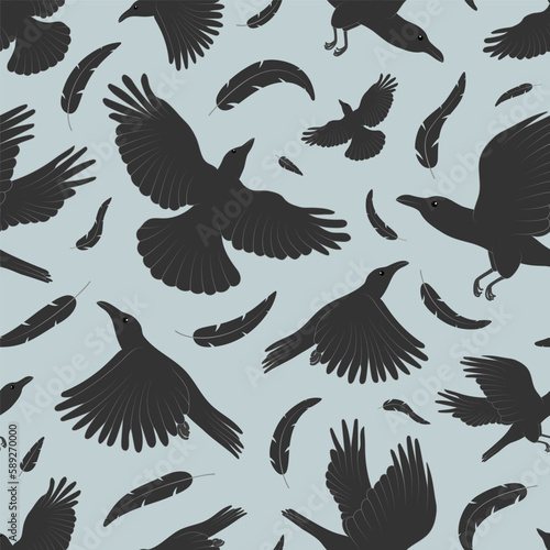 Seamless pattern with ravens and black feathers. Cute flying crow birds vector illustration