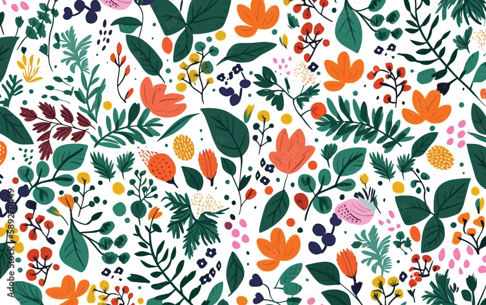 Seamless pattern with leaves & flowers