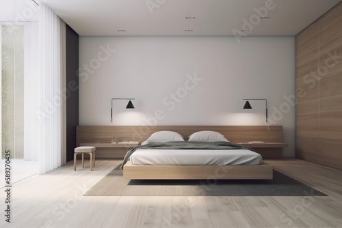 Interior of beautiful modern bedroom   bedroom with bed in front of the wall, 3d render   Loft and modern bedroom   Nordic style bedroom   Stylish bedroom interior in trendy, Generative AI © Azar