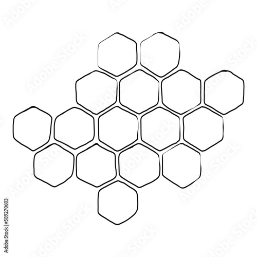 Sketch Honey comb. Propolis. Doodle hand drawn honeycomb structure. Honey, pollen, wax, parchment and bee products in sketch style. Stock black and white illustration on a white background.