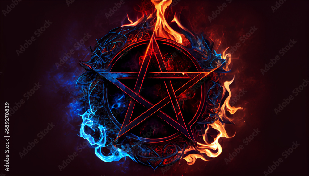 Pentagram in maroon and blue smoke. Magic, esoteric, occult symbol. AI ...