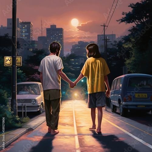 painting of two children holding hands on a road, in the style of nightcore, photorealistic cityscapes, shin hanga, love and romance, horizons, iconic album covers, intensely detailed, Walking to god, photo