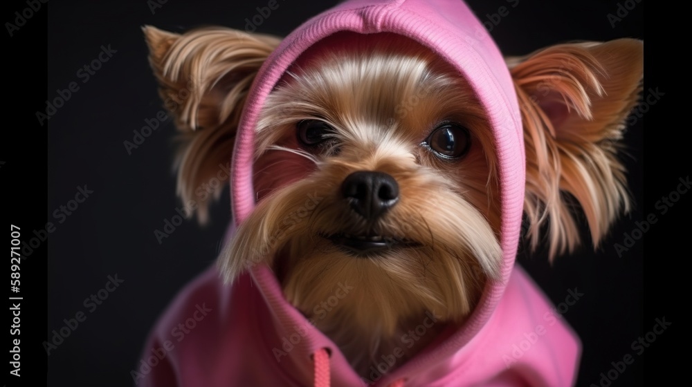 Cute Yorkshire terrier dog in a pink hoodie is looking at the camera. Generative Ai.