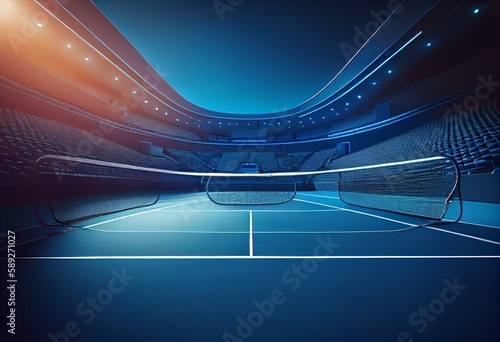 Blue tennis court and illuminated indoor arena with fans, upper side view, professional tennis sport 3d illustration background. Generative AI