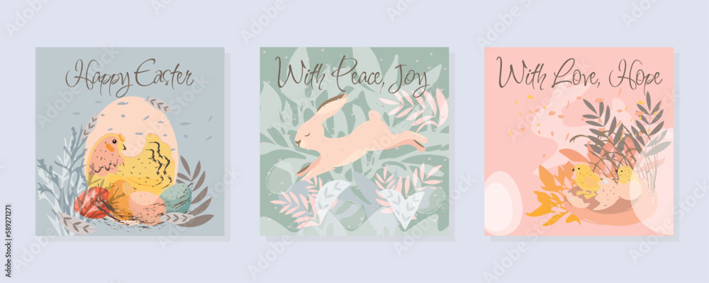 Happy easter! Vector cute illustrations of easter eggs in a nest of flowers, bunnies and a festive frame with greeting text for a greeting card, poster or background. Isolated Easter decor elements