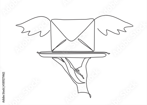 Continuous one line drawing of hand holds a dish with an envelope with wings. Mail delivery concept.
