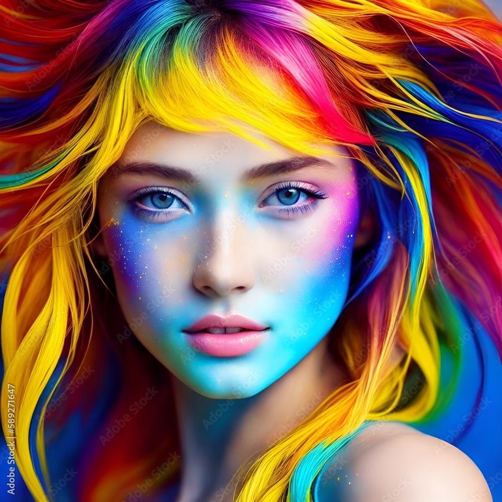 portrait of a woman with colorful makeup, portrait of a girl, 18 year, young, print, art, illustration, generative, ai, generative ai