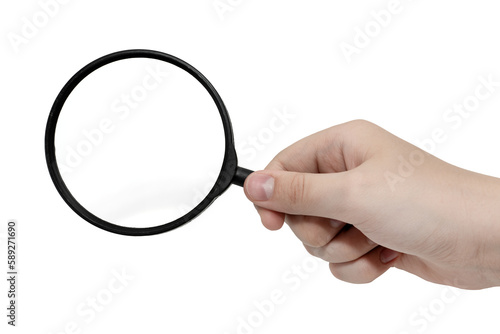 A hand holds a magnifying glass on a white background. magnifying glass
