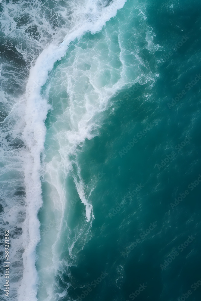 aerial top view photo of ocean sea water white wave splashing in the deep sea. generative AI