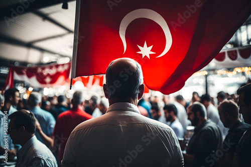 Crowd of people walk through the streets of a Turkish city with the national flag. Generative AI photo