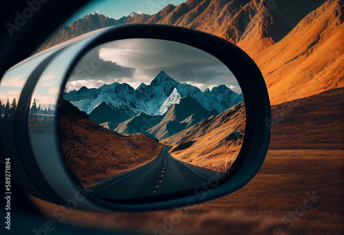 The view of the mountains in the car's rearview mirror. Generative AI