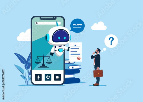 Businessman uses smartphone for consulting with. Artificial intelligence technology. Online legal advice. Big smartphone, justice and law application.
