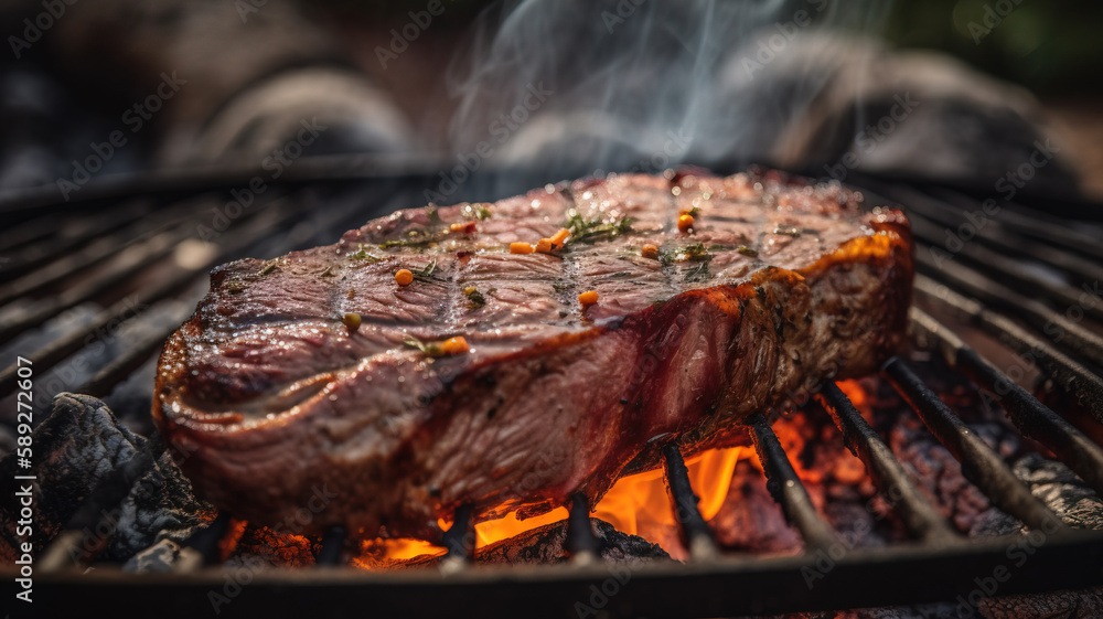 Juicy grilled beef tenderloin, cooked steak meat, food. Barbecue with ...
