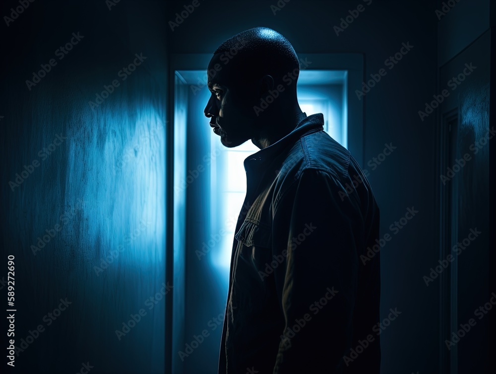 African american man standing in a dark doorway, silhouette