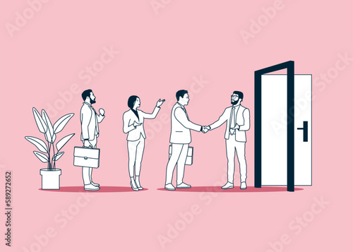 Warm welcome to new office. Businessman welcome and introduce new staff to team. Modern vector illustration in flat style
