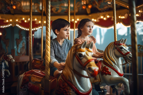 Happy boy and girl riding horses in an amusement park ride a carousel in summer, vintage classic horses. Generative AI