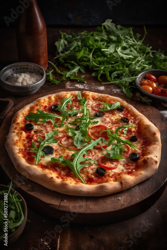 Pizza with arugula, tomato, pepper, cheese and olives. Italian pizza on wooden table background