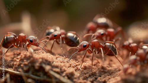 Red ants are looking for food on green branches. Work ants are walking on the branches to protect the nest in the forest. © Falk
