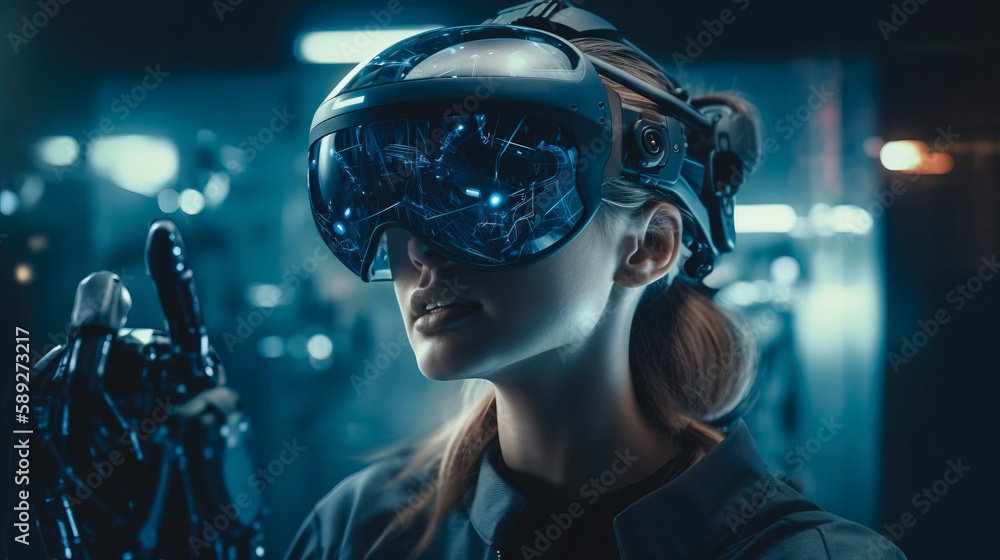 Female Scientist wearing a virtual reality headset while interacting with a robot or an AI-powered device. AI Female Scientist wearing a virtual reality headset while interacting with a robot or an AI-powered device. AI