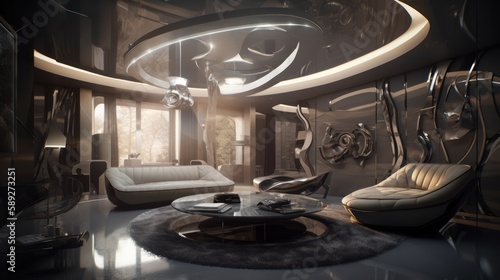 Stunning Cream and Dark Gray Interior with Futuristic and Award-Winning Design Featuring Shiny Walls and Intricate Digital Art Wallpaper in 8K HD  Generative AI