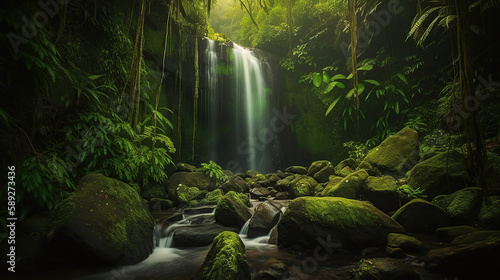 The vibrant green foliage of the tropical forests provides the perfect backdrop to the stunning beauty of the waterfall. Generative Ai