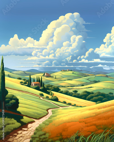 Illustration with a beautiful view of the hills of Tuscany, Italy