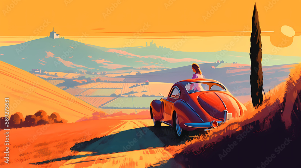 Illustration with a beautiful view of the hills of Tuscany, Italy