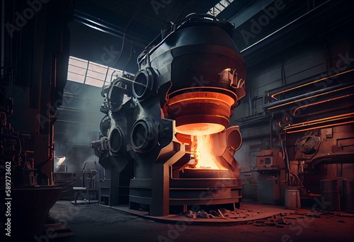 large aluminum melting furnaces in workshop of factory in aluminum industry, generative ai
