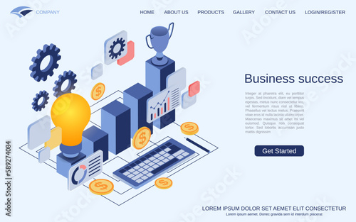 Business success modern 3d isometric vector concept illustration. Landing page design template