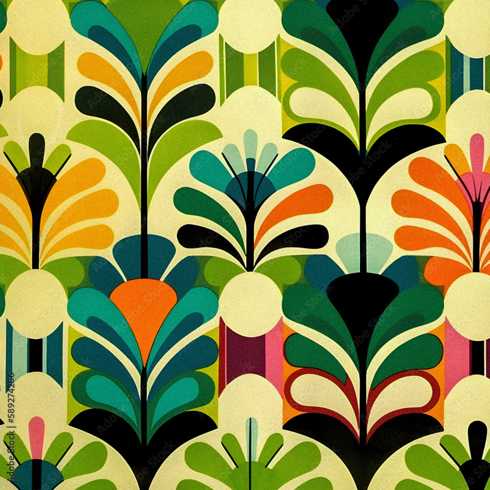 60s style pattern, floral retro background, granular texture, Generative AI