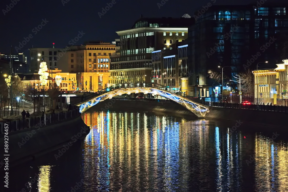 Drainage canal in Moscow at night.