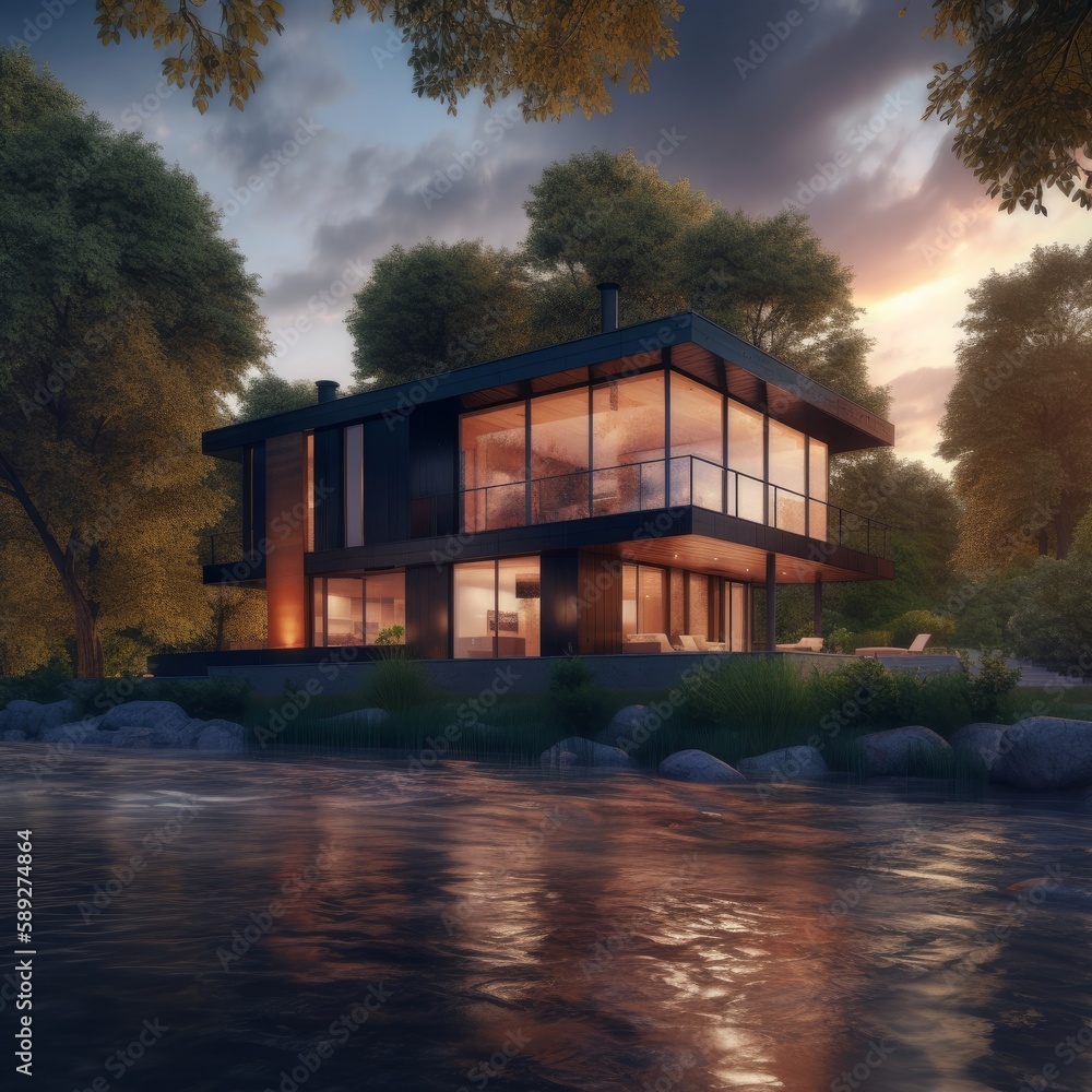Modern house near the river, architectural photography
