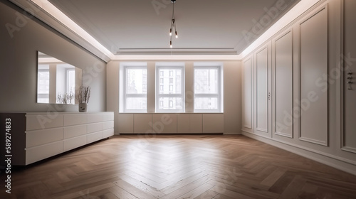 Idea of a white empty scandinavain room interior with dresser  vases on the wooden floor. Generative Ai