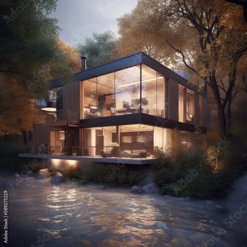 Modern house near the river, architectural photography