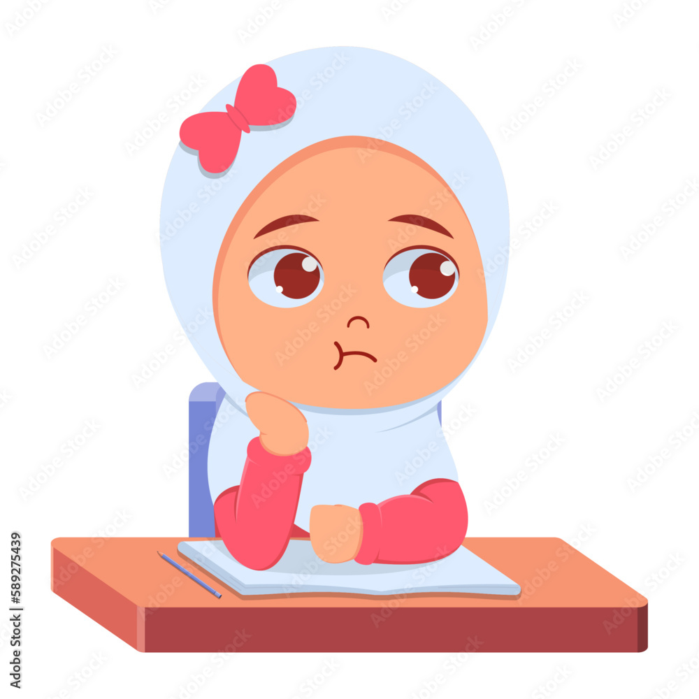 Cute girl daydreaming on table with book and pencil Cute girl daydreaming on table with book and pencil