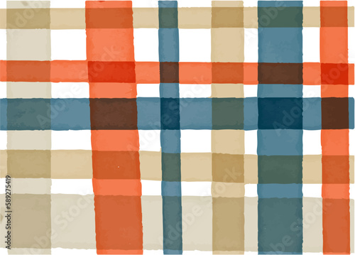 Pastel watercolor checkered pattern. Watercolor drawing brush. Blue and orange watercolor stripes hand drawn.