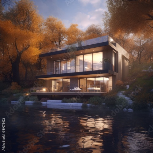 Modern house near the river, architectural photography © Enea