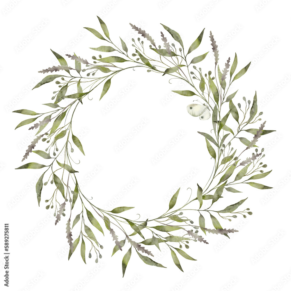 Floral wreath. Hand painted wreath of greenery, wildflowers, herbs. Green leaves, white spring flowers isolated on white background. Botanical watercolor illustration for design, print or background